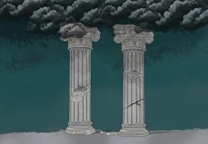 A graphic depicting two pillars cracking under institutional neutrality at Vanderbilt. (Hustler Multimedia/Fanga Rajan) 