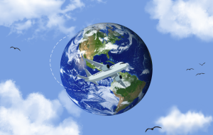 A graphic depicting a passenger airplane circling around the Earth against a blue sky with clouds and birds. (Hustler Multimedia/Alice Chen)