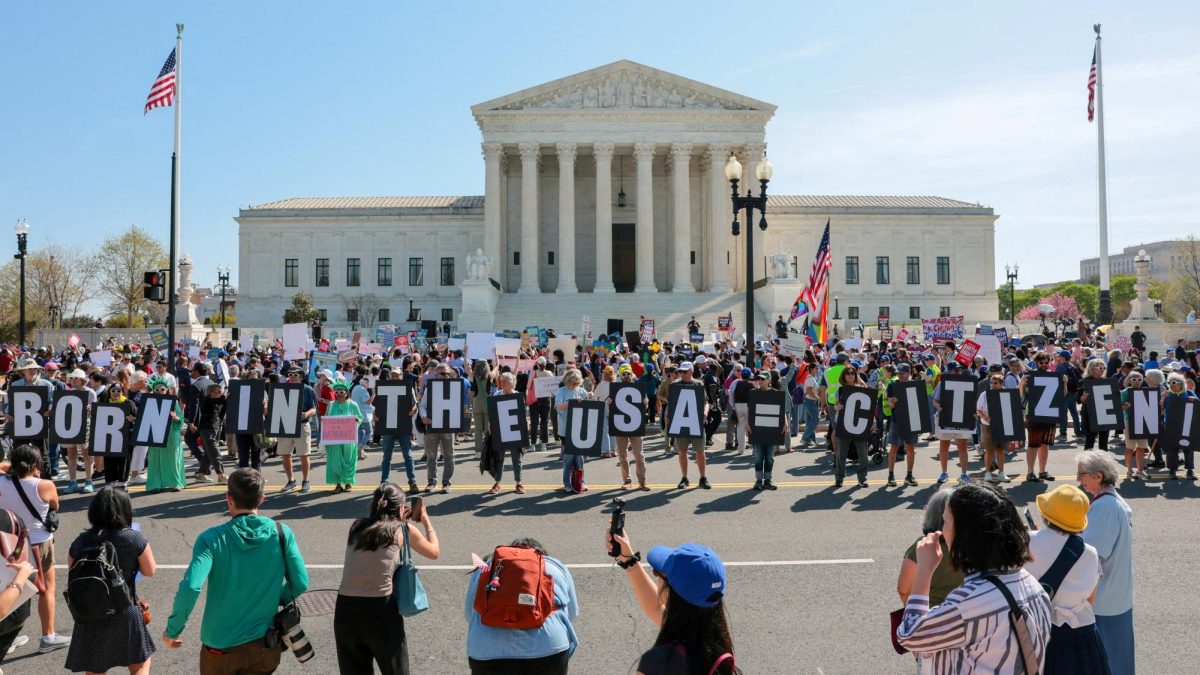 Demonstrators hold letters making up the slogan "Born in the USA = citizen!" outside the U.S. Supreme Court building as the court hears oral arguments on the legality of the Trump administration's effort to limit birthright citizenship for the children of immigrants, in Washington, D.C., U.S., April 1, 2026. REUTERS/Kylie Cooper