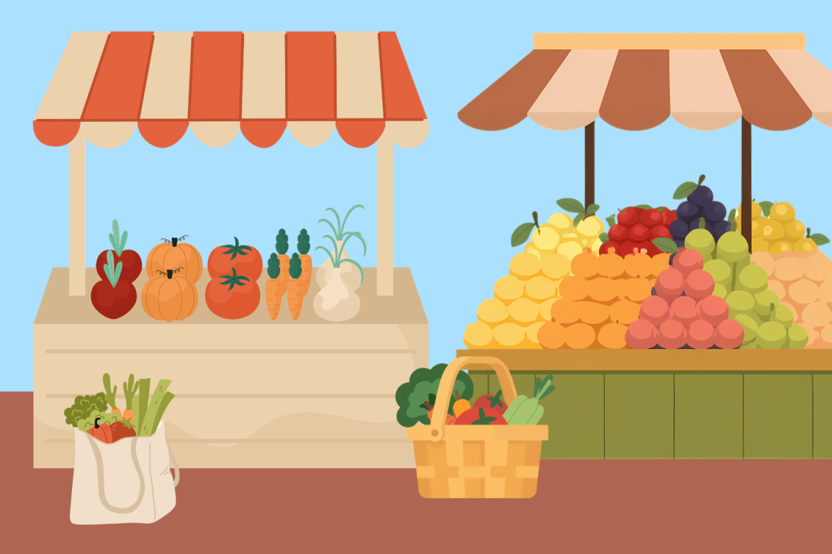 A graphic depicting a farmers’ market with fresh produce stands. (Hustler Multimedia/Emily Peng)
