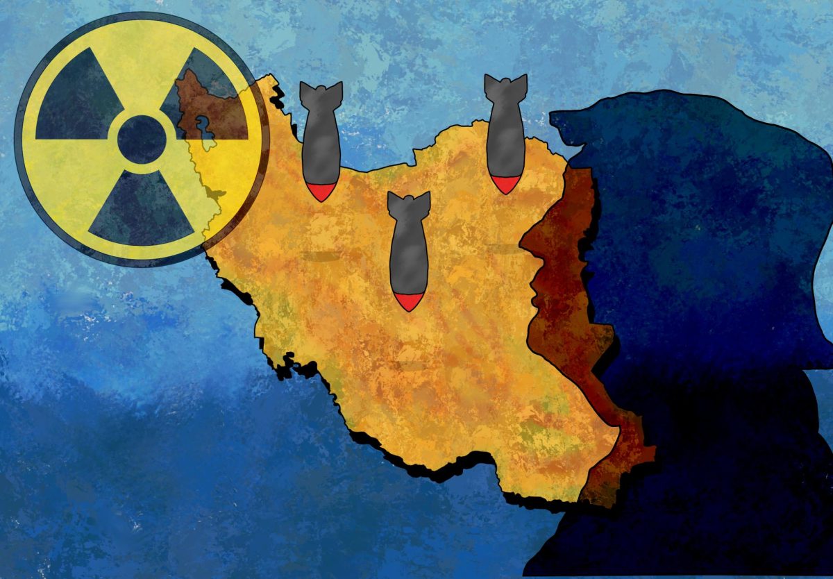 A graphic depicting Donald Trump, warfare and nuclear arms looming over Iran. (Hustler Multimedia/Fanga Rajan)