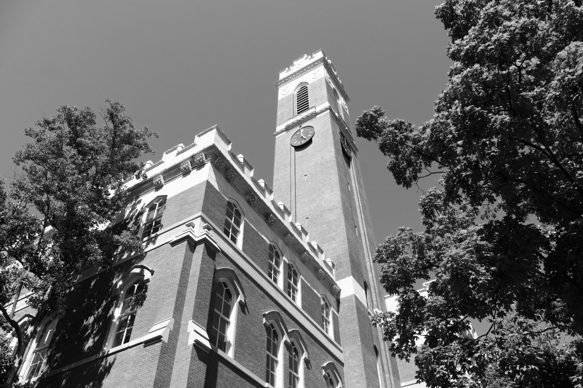 Black and White capture of Kirkland Hall (Hustler Multimedia/Staff).