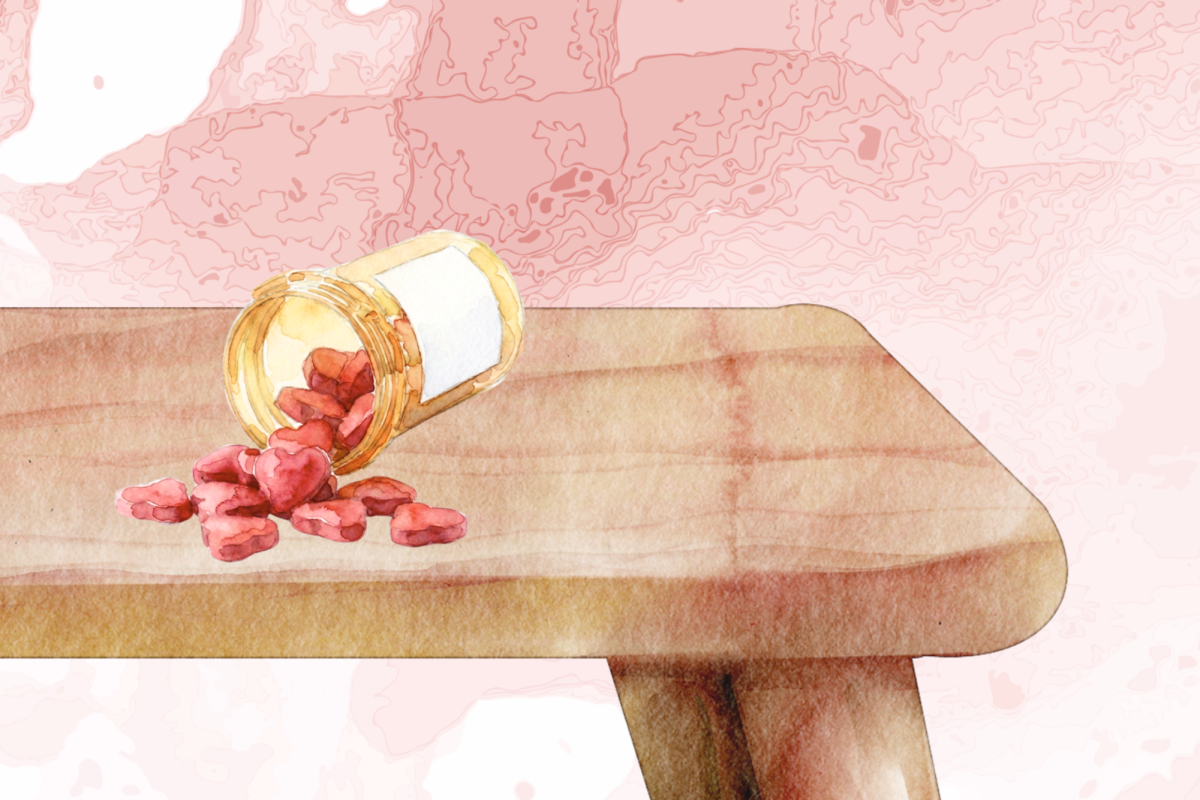 Graphic depicting a medicine bottle with heart-shaped pills spilling out from it. (Hustler Multimedia/Sragvi Dara)
