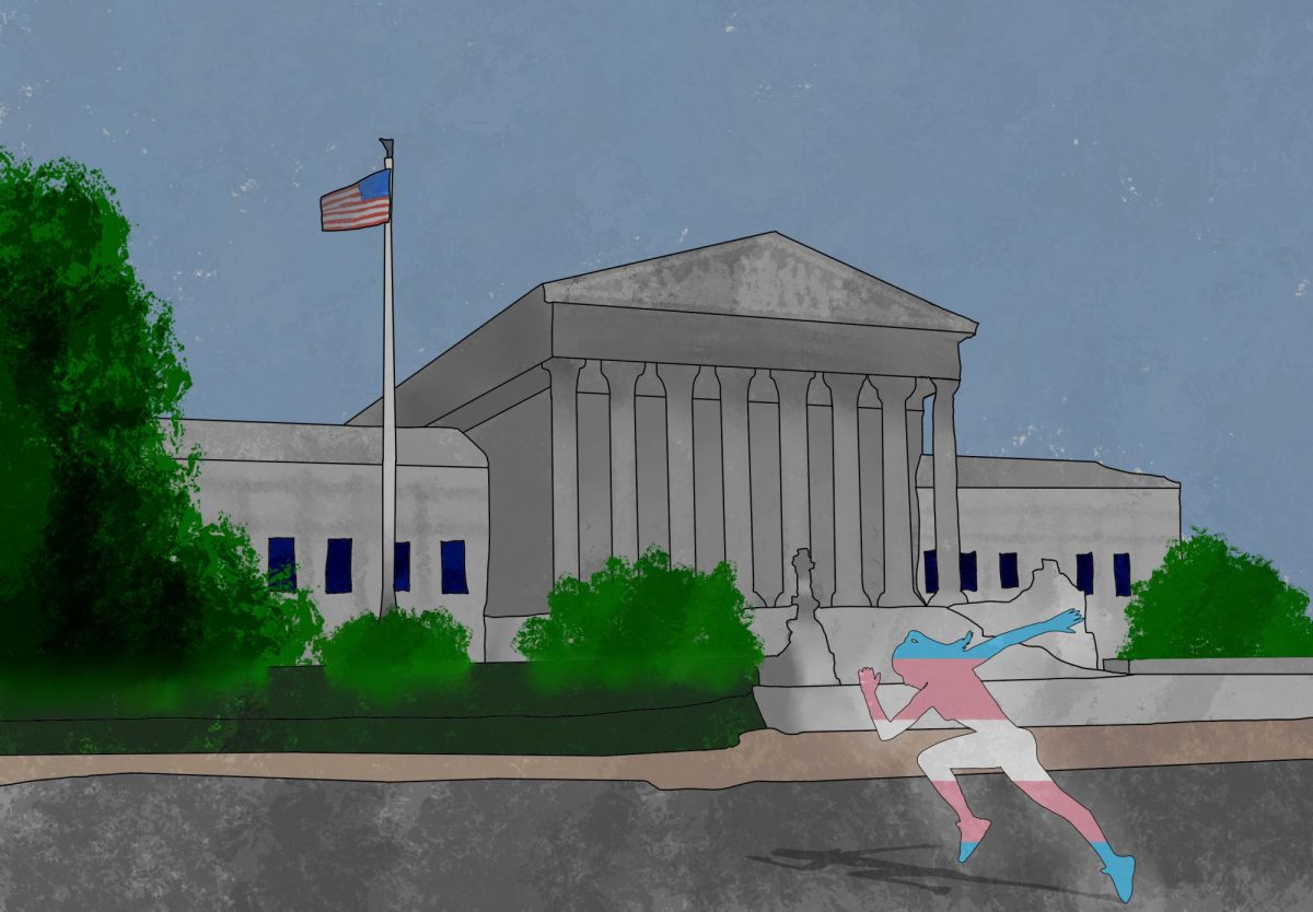 A graphic depicting a trans woman athlete running by the Supreme Court building. (Hustler Multimedia/Fanga Rajan)